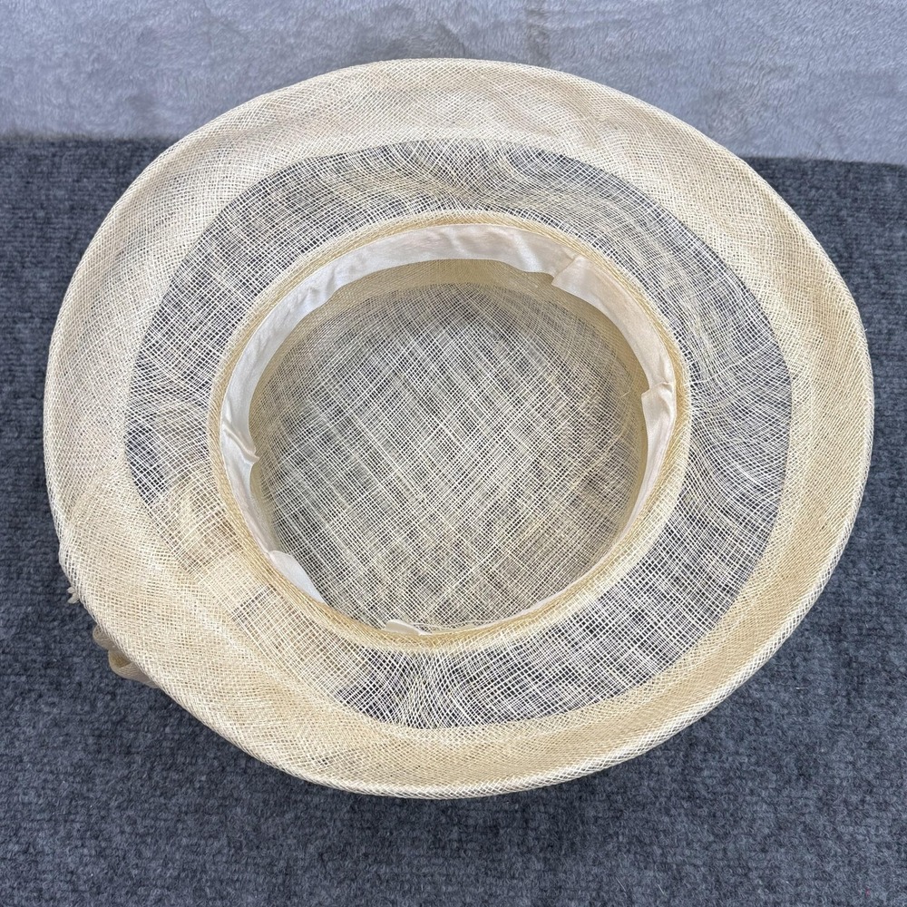 VTG Hat Sun Womens Cream Burlap Pleated Bow Wide Brim Derby Church Wedding - Picture 6 of 8